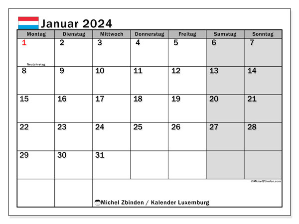 Kalender Januar 2024 “Luxemburg”. Kalender zum Ausdrucken kostenlos.. Montag bis Sonntag