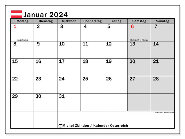 Calendário Janeiro 2024, Áustria (DE). Horário gratuito para impressão.
