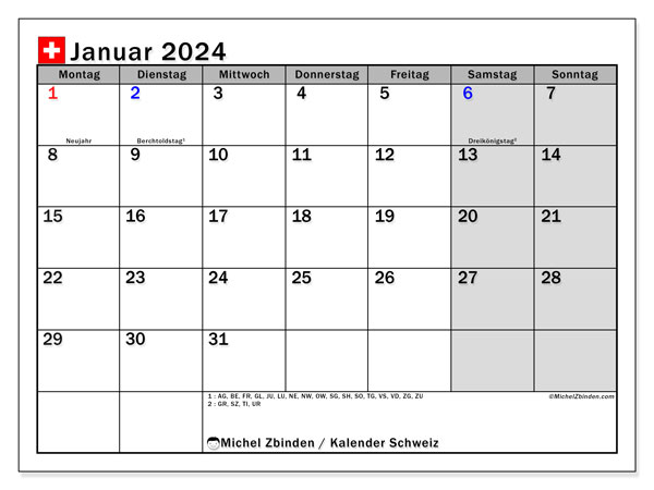 Schweiz, Kalender Januar 2024, zum Ausdrucken, kostenlos.