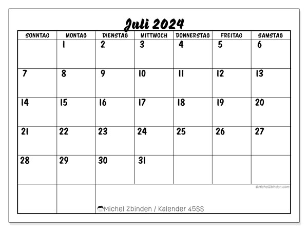 Kalender Juli 2024 “45”. Kalender zum Ausdrucken kostenlos.. Sonntag bis Samstag