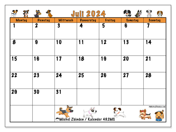 Kalender Juli 2024 “482”. Kalender zum Ausdrucken kostenlos.. Montag bis Sonntag