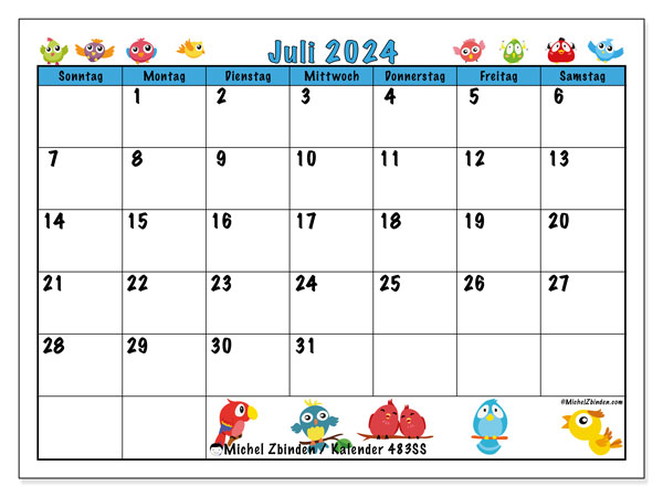 Kalender Juli 2024 “483”. Kalender zum Ausdrucken kostenlos.. Sonntag bis Samstag