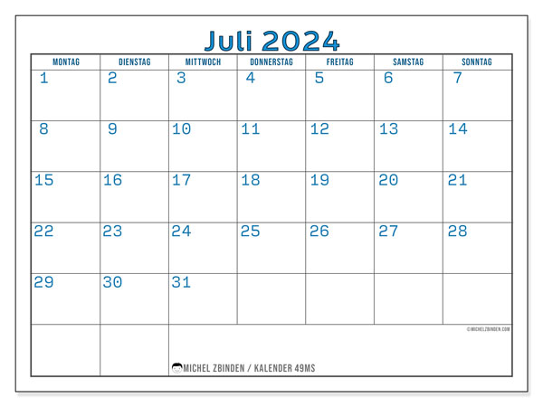 Kalender Juli 2024 “49”. Plan zum Ausdrucken kostenlos.. Montag bis Sonntag