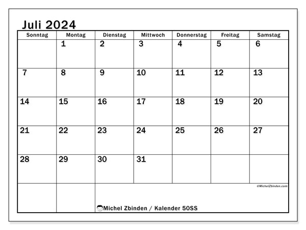 Kalender Juli 2024 “50”. Kalender zum Ausdrucken kostenlos.. Sonntag bis Samstag