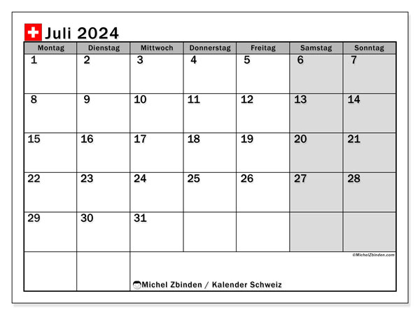 Kalender Juli 2024 “Schweiz”. Plan zum Ausdrucken kostenlos.. Montag bis Sonntag