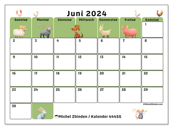 Kalender Juni 2024 “444”. Plan zum Ausdrucken kostenlos.. Sonntag bis Samstag