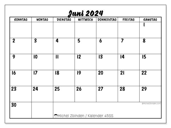 Kalender Juni 2024 “45”. Kalender zum Ausdrucken kostenlos.. Sonntag bis Samstag