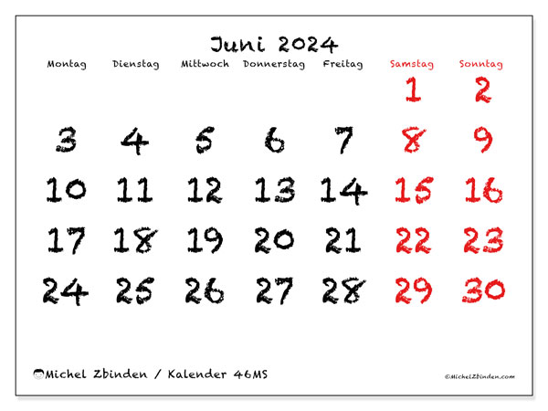Kalender Juni 2024 “46”. Programm zum Ausdrucken kostenlos.. Montag bis Sonntag