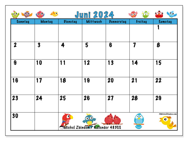 Kalender zum Ausdrucken, Juni 2024, 483SS