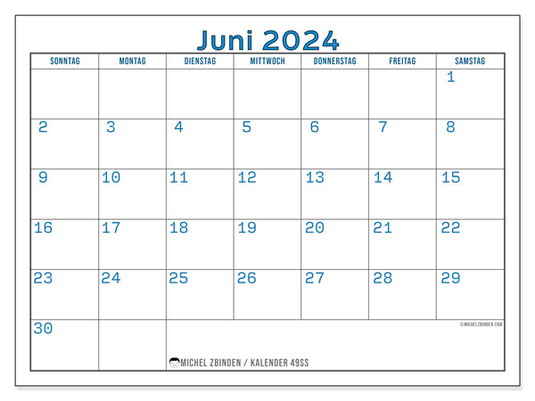 Kalender Juni 2024 “49”. Kalender zum Ausdrucken kostenlos.. Sonntag bis Samstag