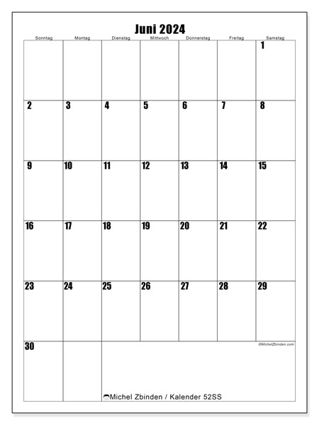Kalender Juni 2024 “52”. Plan zum Ausdrucken kostenlos.. Sonntag bis Samstag