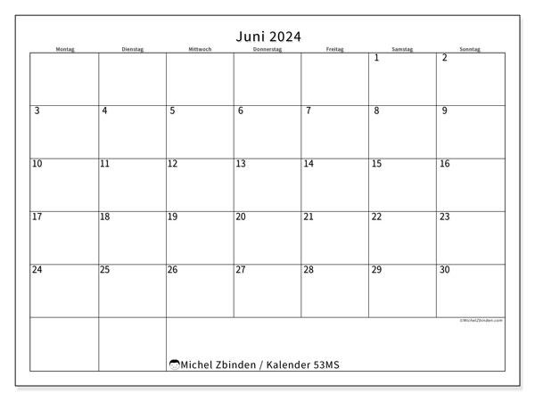 Kalender zum Ausdrucken, Juni 2024, 53MS