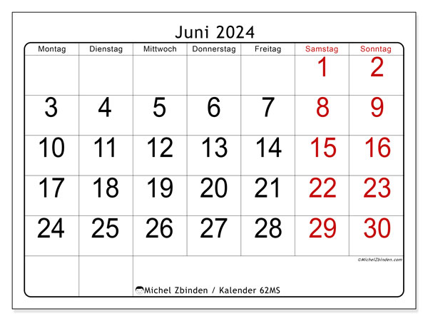 Kalender Juni 2024 “62”. Plan zum Ausdrucken kostenlos.. Montag bis Sonntag