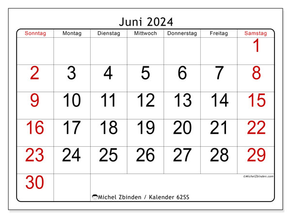 Kalender Juni 2024 “62”. Plan zum Ausdrucken kostenlos.. Sonntag bis Samstag