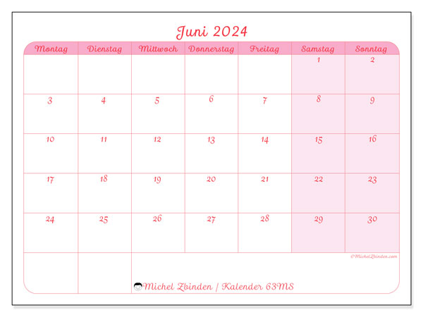 Kalender Juni 2024 “63”. Kalender zum Ausdrucken kostenlos.. Montag bis Sonntag