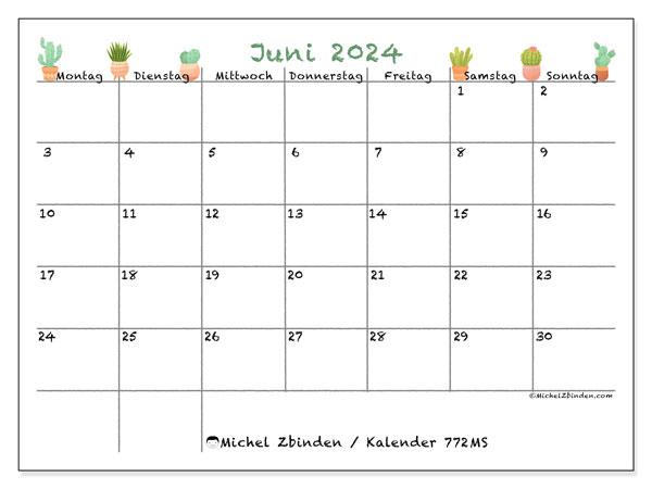 Kalender Juni 2024 “772”. Kalender zum Ausdrucken kostenlos.. Montag bis Sonntag