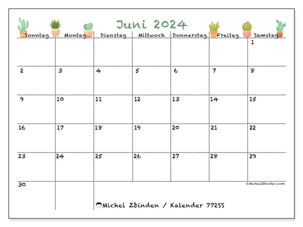 Kalender Juni 2024 “772”. Kalender zum Ausdrucken kostenlos.. Sonntag bis Samstag