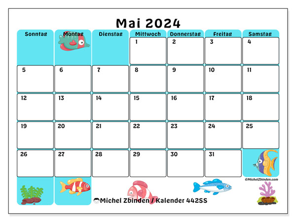 Kalender Mai 2024 “442”. Kalender zum Ausdrucken kostenlos.. Sonntag bis Samstag