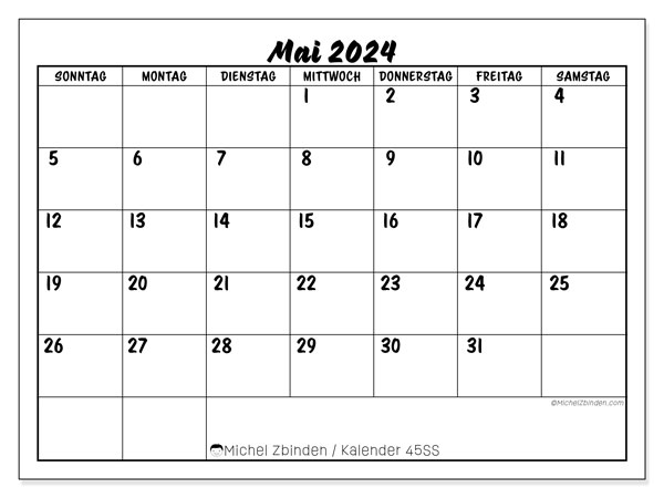 Kalender Mai 2024 “45”. Plan zum Ausdrucken kostenlos.. Sonntag bis Samstag