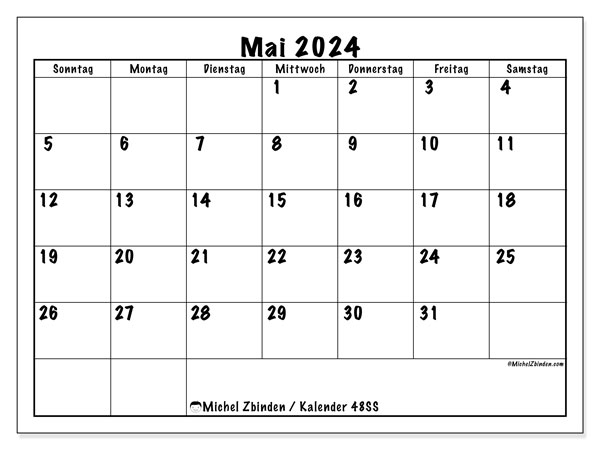 Kalender Mai 2024 “48”. Programm zum Ausdrucken kostenlos.. Sonntag bis Samstag