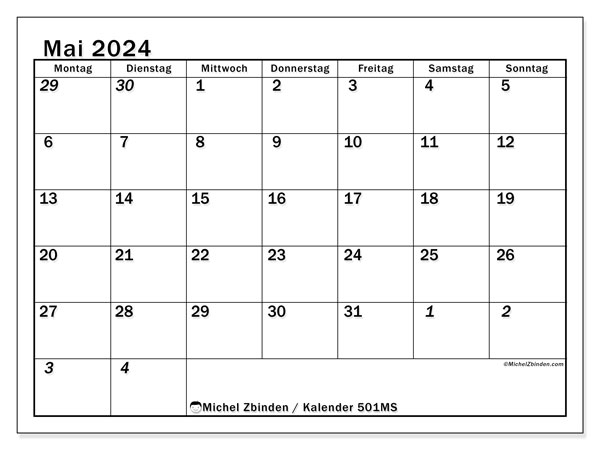Kalender Mai 2024 “501”. Plan zum Ausdrucken kostenlos.. Montag bis Sonntag