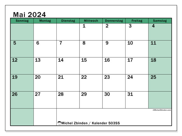 Kalender Mai 2024 “503”. Kalender zum Ausdrucken kostenlos.. Sonntag bis Samstag