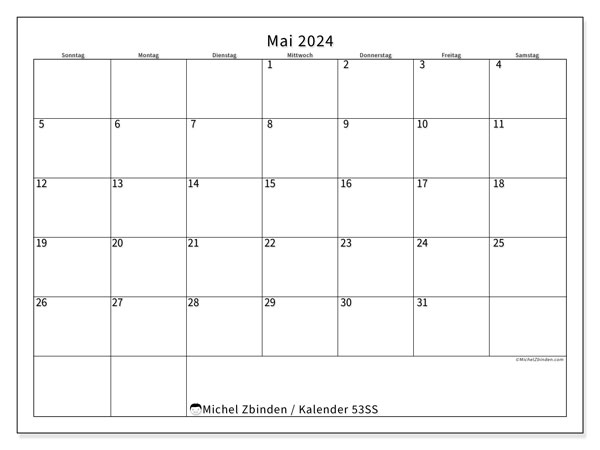 Kalender Mai 2024 “53”. Plan zum Ausdrucken kostenlos.. Sonntag bis Samstag