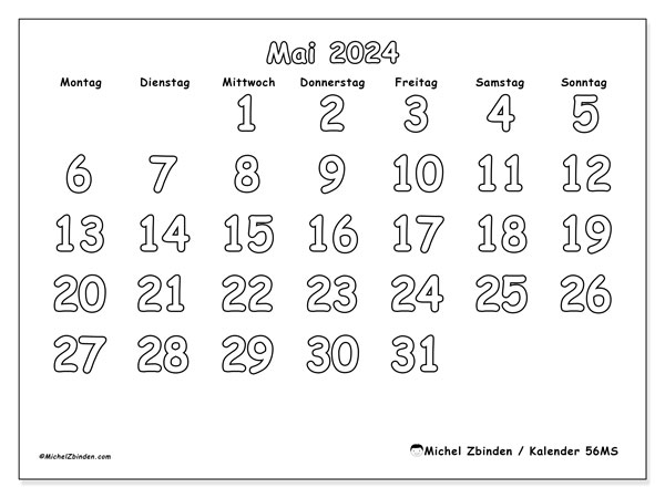 Kalender Mai 2024 “56”. Programm zum Ausdrucken kostenlos.. Montag bis Sonntag