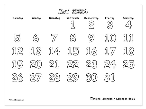 Kalender Mai 2024 “56”. Programm zum Ausdrucken kostenlos.. Sonntag bis Samstag
