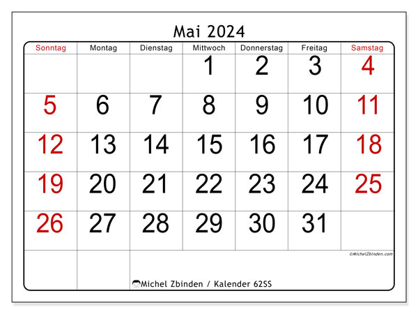 Kalender Mai 2024 “62”. Programm zum Ausdrucken kostenlos.. Sonntag bis Samstag