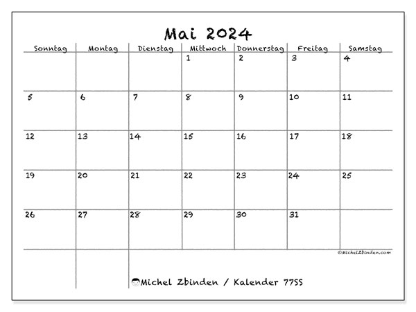 Kalender Mai 2024, 77SS. Kalender zum Ausdrucken kostenlos.