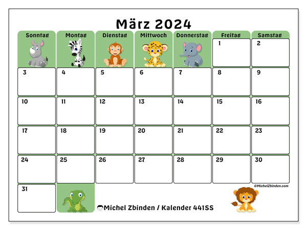Kalender März 2024 “441”. Programm zum Ausdrucken kostenlos.. Sonntag bis Samstag