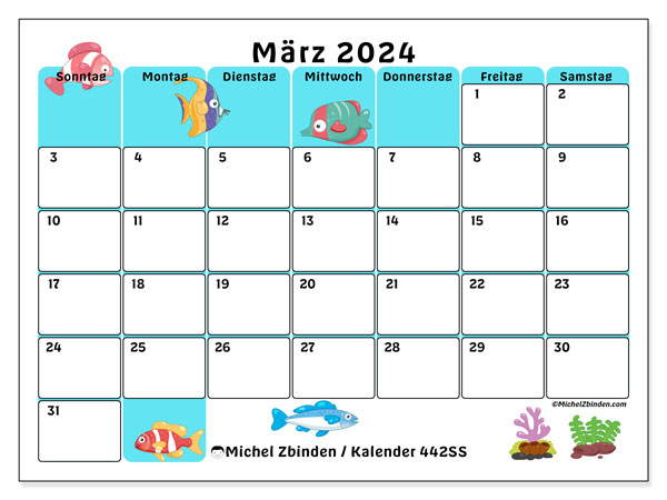 Kalender März 2024 “442”. Programm zum Ausdrucken kostenlos.. Sonntag bis Samstag