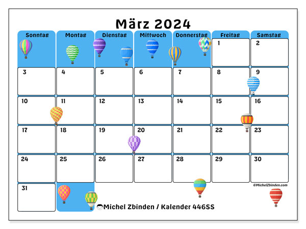 Kalender März 2024 “446”. Plan zum Ausdrucken kostenlos.. Sonntag bis Samstag