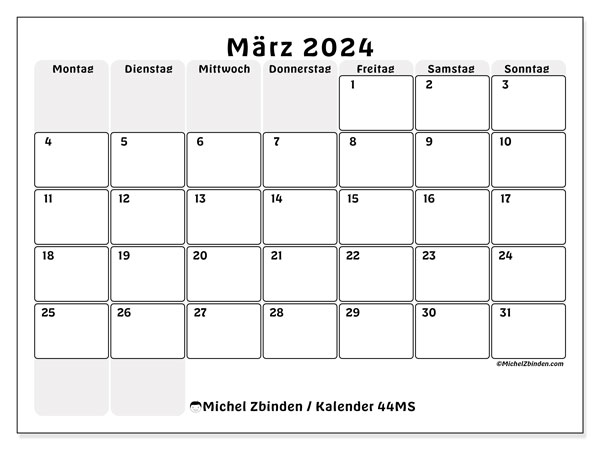 Kalender März 2024 “44”. Kalender zum Ausdrucken kostenlos.. Montag bis Sonntag