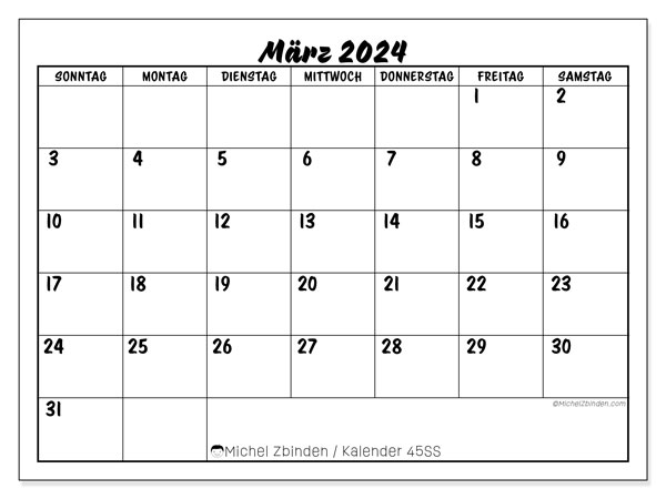 Kalender März 2024 “45”. Plan zum Ausdrucken kostenlos.. Sonntag bis Samstag