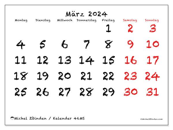 Kalender März 2024, 46SS. Kalender zum Ausdrucken kostenlos.