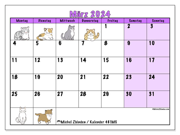 Kalender März 2024 “481”. Programm zum Ausdrucken kostenlos.. Montag bis Sonntag