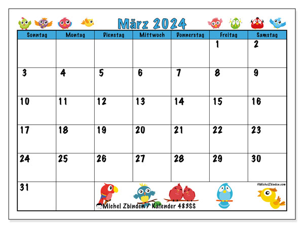 Kalender März 2024 “483”. Programm zum Ausdrucken kostenlos.. Sonntag bis Samstag