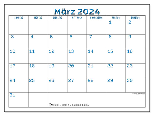 Kalender März 2024 “49”. Programm zum Ausdrucken kostenlos.. Sonntag bis Samstag