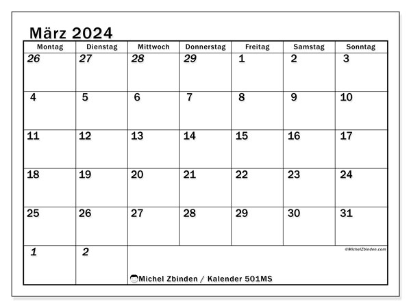 Kalender März 2024 “501”. Kalender zum Ausdrucken kostenlos.. Montag bis Sonntag