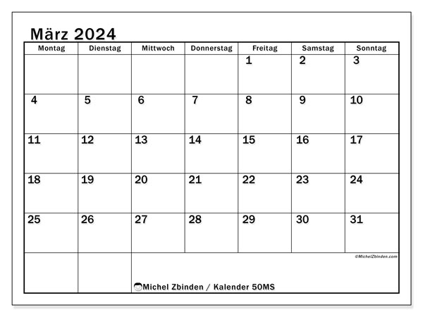 Kalender März 2024 “50”. Plan zum Ausdrucken kostenlos.. Montag bis Sonntag
