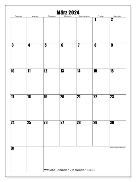 Kalender März 2024 “52”. Kalender zum Ausdrucken kostenlos.. Sonntag bis Samstag