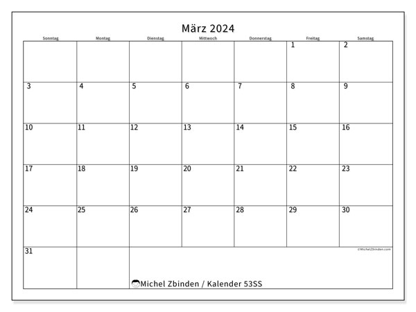 Kalender zum Ausdrucken, März 2024, 53SS