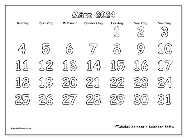 Kalender zum Ausdrucken, März 2024, 56MS