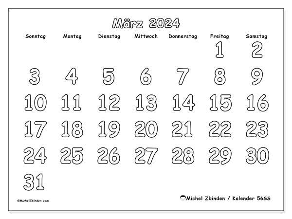 Kalender zum Ausdrucken, März 2024, 56SS