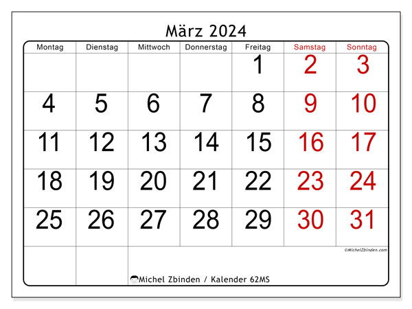 Kalender März 2024 “62”. Kalender zum Ausdrucken kostenlos.. Montag bis Sonntag