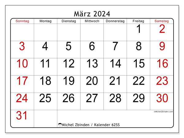 Kalender März 2024 “62”. Kalender zum Ausdrucken kostenlos.. Sonntag bis Samstag