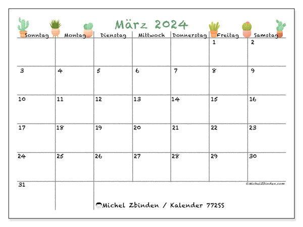 Kalender zum Ausdrucken, März 2024, 772SS