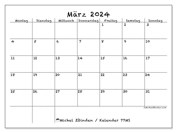 Kalender März 2024 “77”. Plan zum Ausdrucken kostenlos.. Montag bis Sonntag